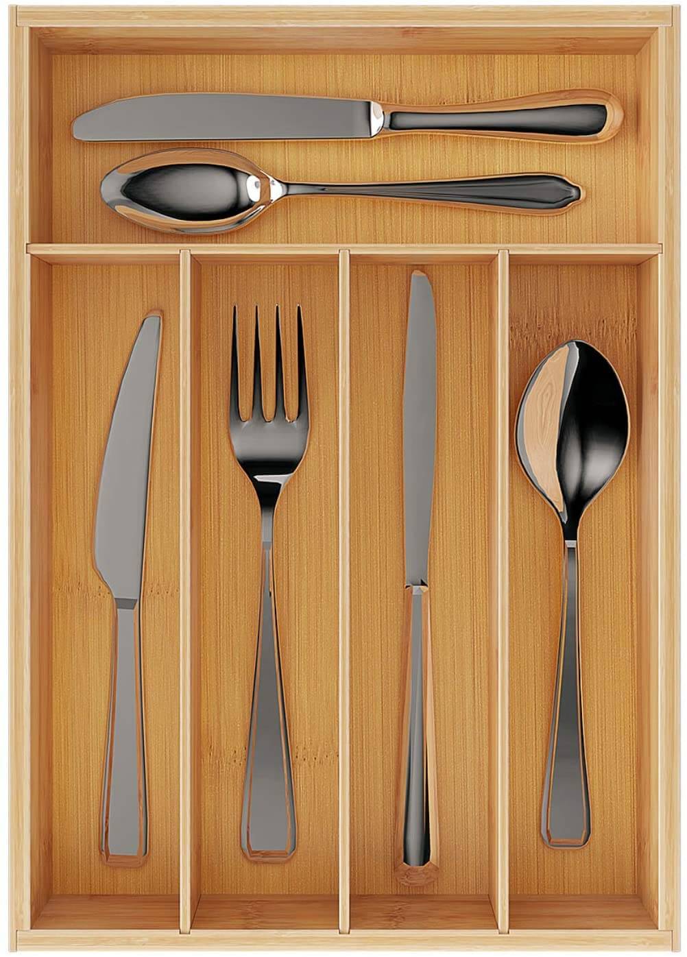 Utensil 5 slot Cutlery and Utility Drawer Organizer-2 Year Warranty Top Rated Bellemain 100/% Pure Bamboo Expandable
